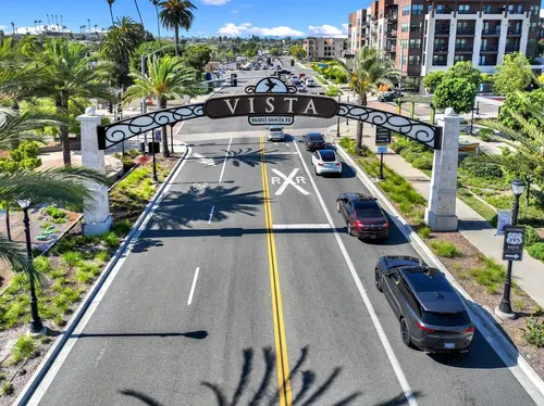 Vista California gateway arch with palm trees